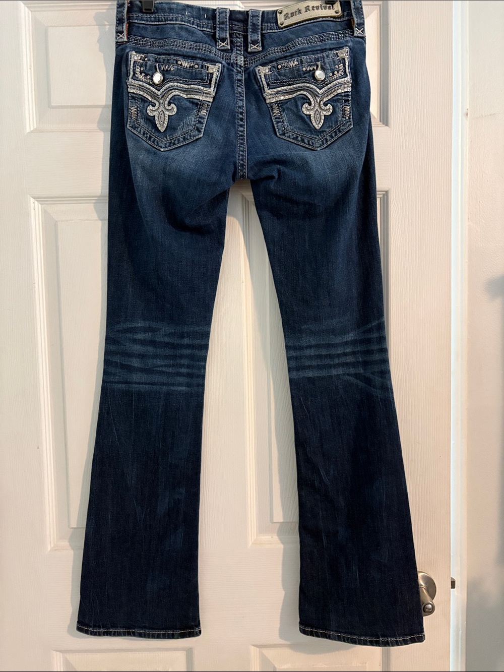 Rock Revival Dark Blue Embroidered Pocket Flared Jeans ENC